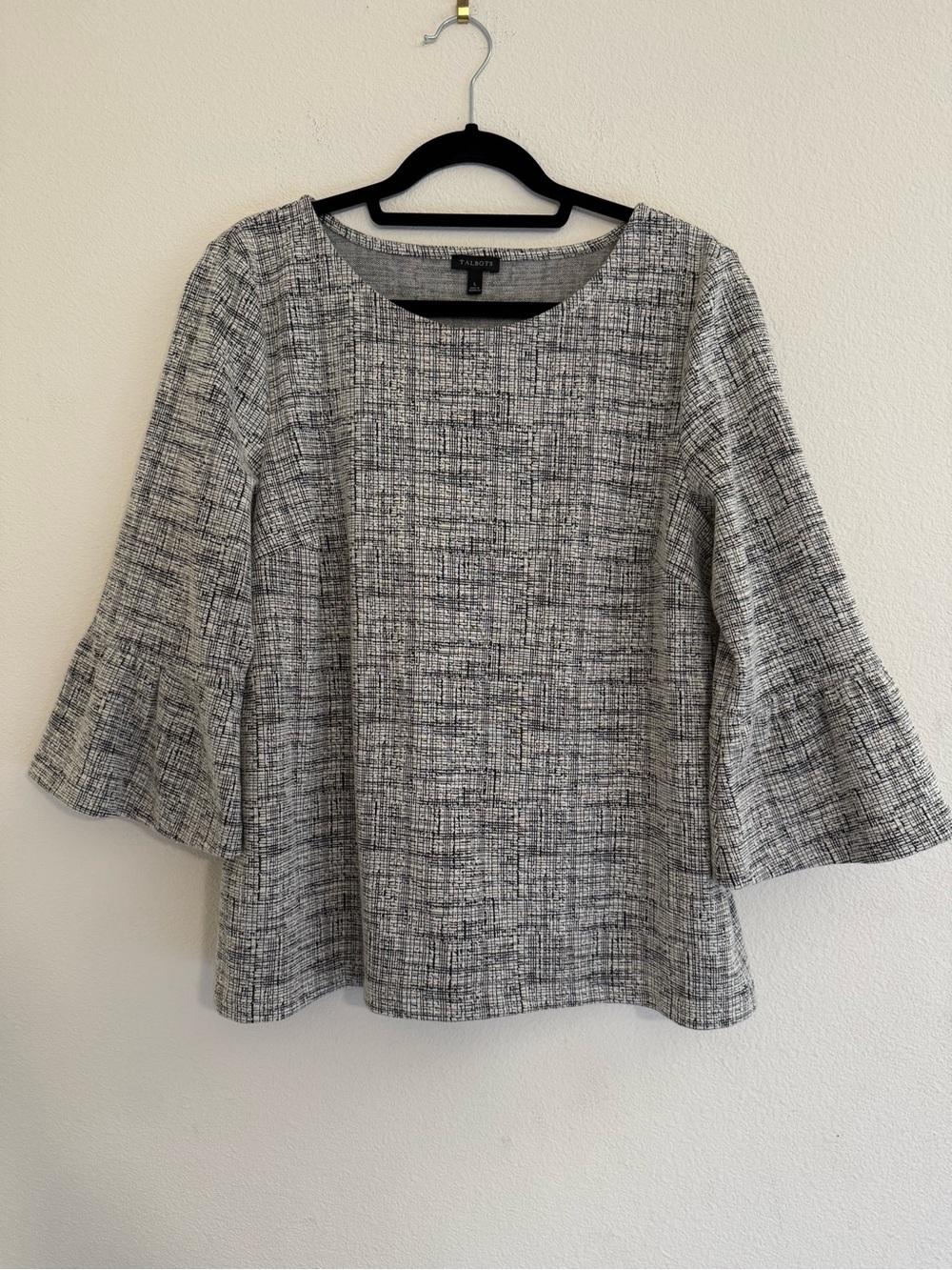 Talbots Gray and Black Textured Bell-Sleeve Top Size L